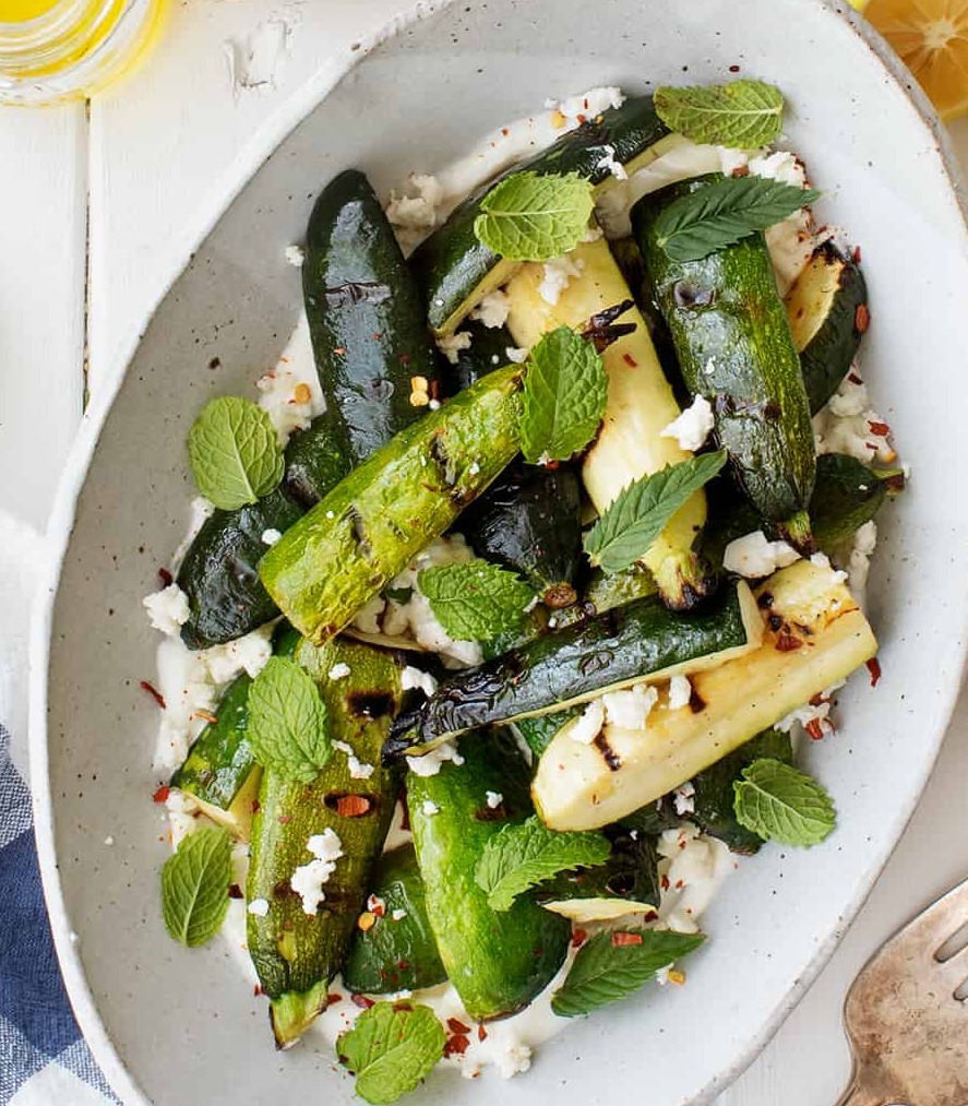 Grilled Zucchini with Lemon Yogurt, Feta & Mint